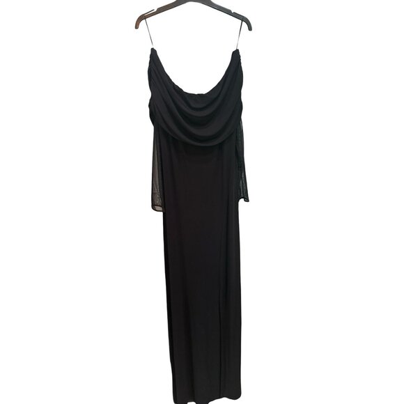 NWT The Kooples‎ Black Long Bardot Jersey Dress Tulle Sleeves Side Slit US 8 - Picture 5 of 13